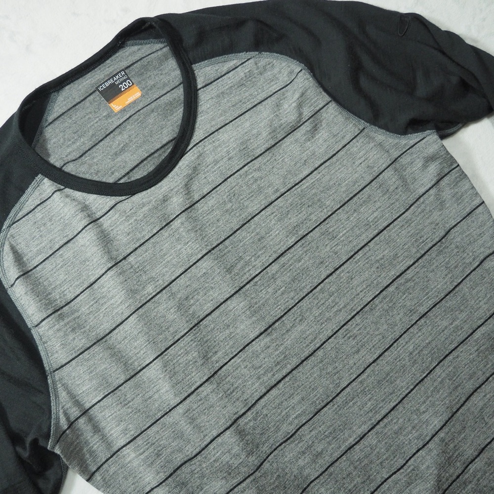 Icebreaker Sz L Merino 200 Men's Long Sleeve Raglan Tee in Gray and Black
